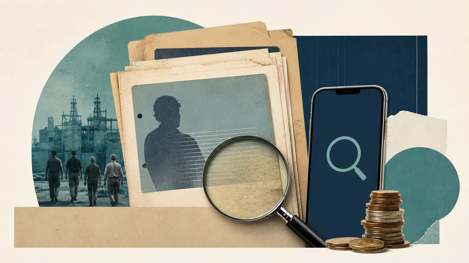 Documentos antigos, lupa, celular e moedas representam a consulta de cotas esquecidas do PIS/Pasep