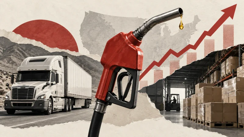 Colagem editorial clean sobre inflação ao produtor, diesel e transporte nos Estados Unidos
