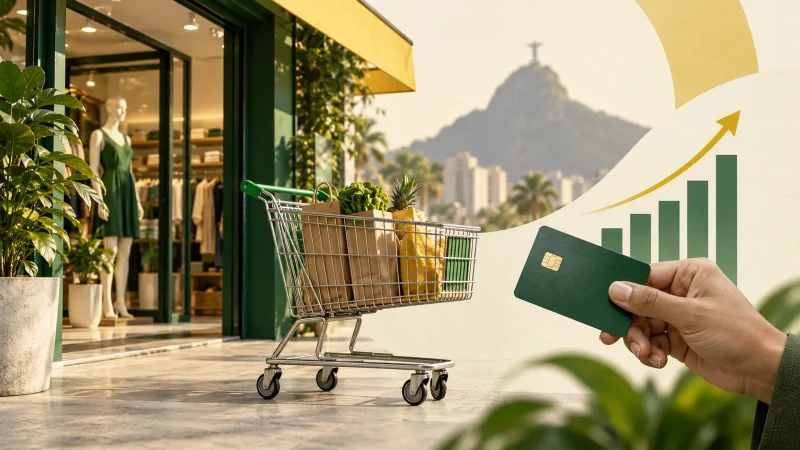 Colagem editorial sobre lojas, carrinho de compras e consumo no Brasil
