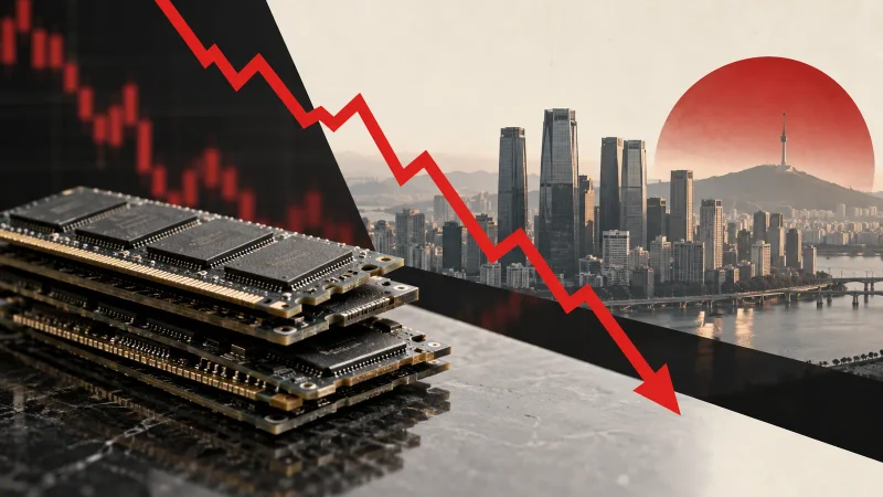 Colagem clean sobre memórias de chips e queda do mercado sul-coreano