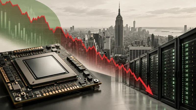 Colagem clean sobre chip de IA e queda em Wall Street