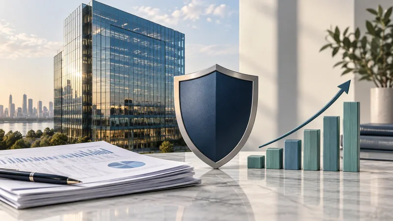 Colagem clean sobre seguros corporativos, risco e resultado financeiro