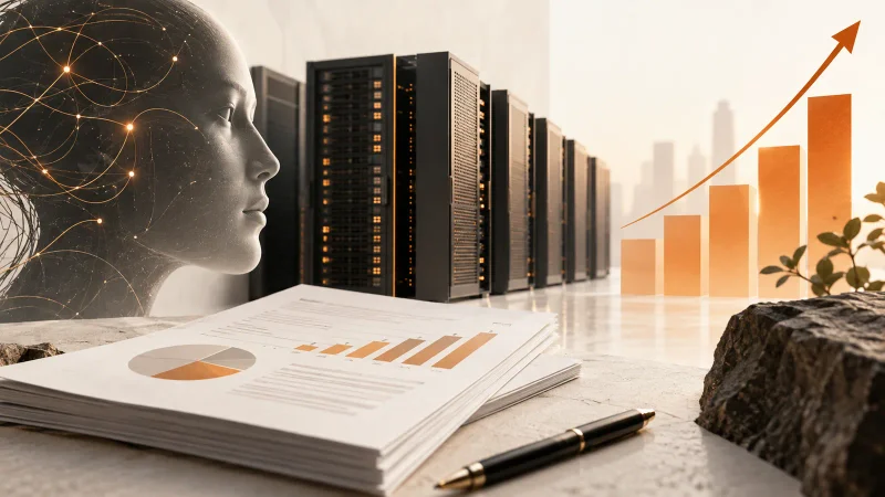 Colagem clean sobre empresa de IA, servidores e preparação de IPO