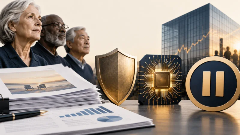 Colagem clean sobre fundo de pensão, segurança de IA e pausa em IPO