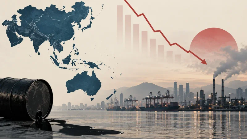 Colagem clean sobre mapa da Ásia, petróleo e desaceleração econômica