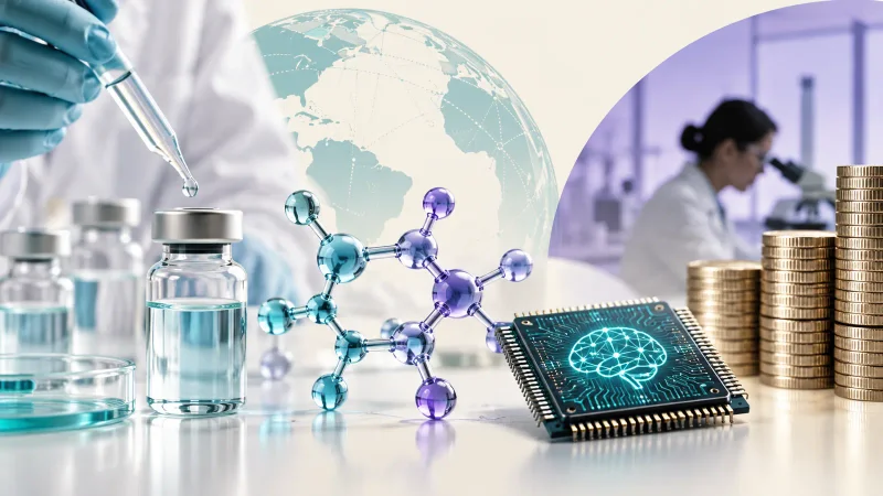 Colagem clean sobre laboratório, moléculas e investimento em inteligência artificial