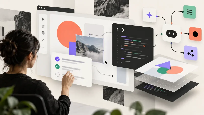 Colagem clean sobre design digital, agentes de IA e camadas de código