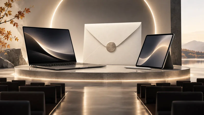 Colagem clean sobre evento de hardware, notebook premium e tablet