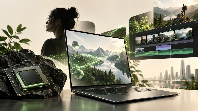Colagem clean sobre notebook com chip de IA local e aplicativos criativos