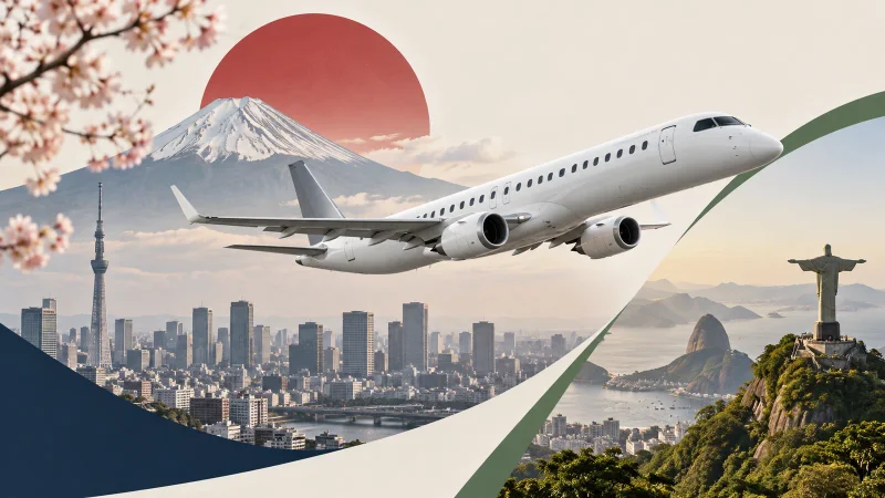 Colagem clean sobre jato regional ligando Brasil e Japão