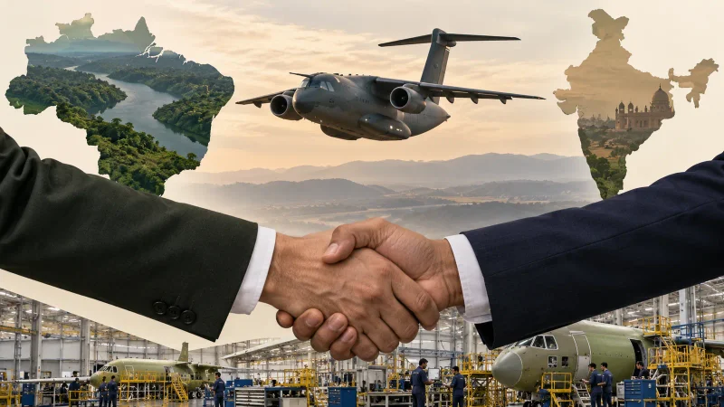 Colagem clean sobre indústria aeroespacial e parceria Brasil-Índia