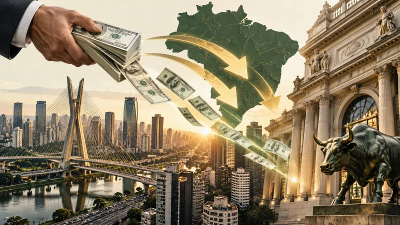 Colagem clean sobre entrada de capital estrangeiro no mercado brasileiro