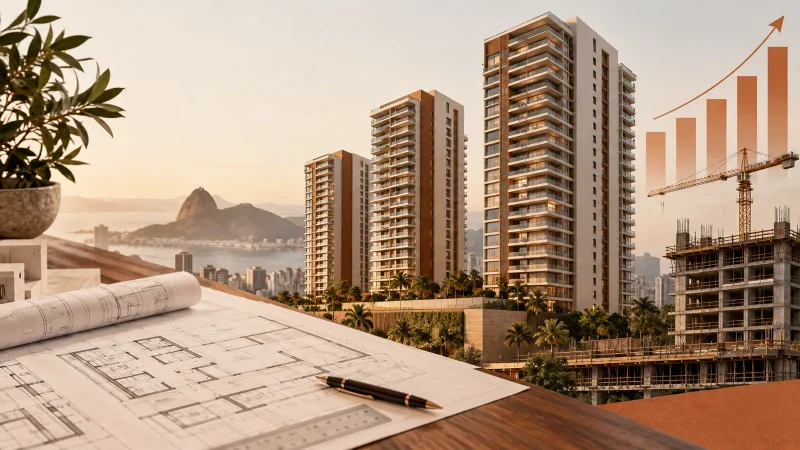 Colagem clean sobre torres residenciais e lançamentos imobiliários