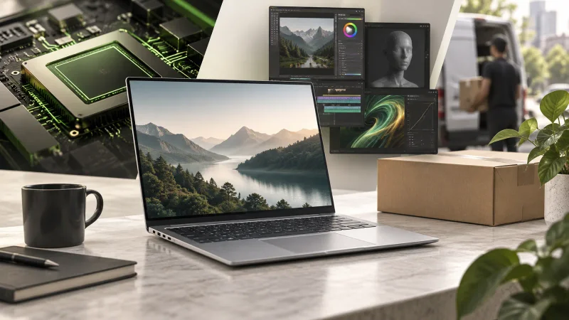Colagem clean sobre notebook premium com chip dedicado a inteligência artificial