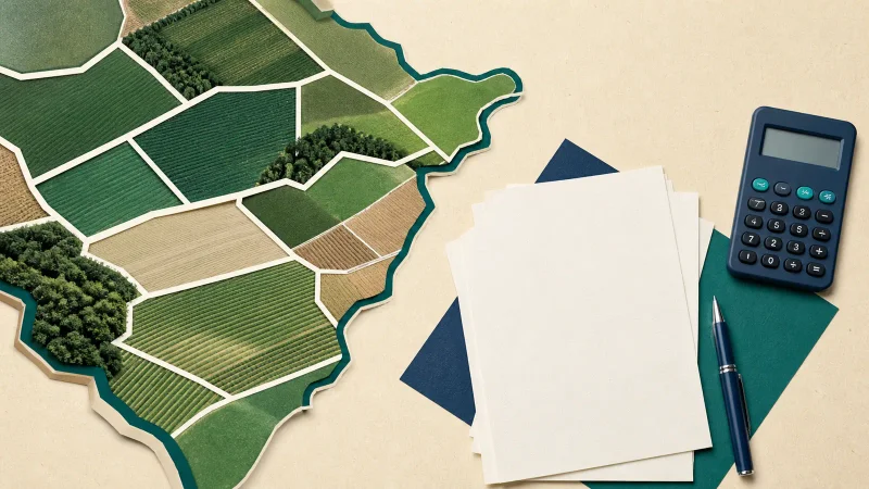 Mapa de propriedades rurais, documentos, calculadora e caneta representam a entrega da DITR 2026