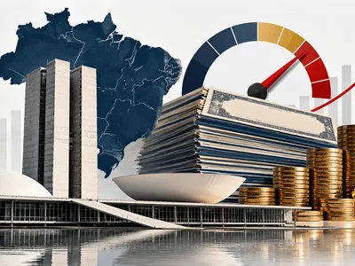 Colagem minimalista com Congresso, mapa do Brasil, títulos públicos, moedas e medidor de dívida