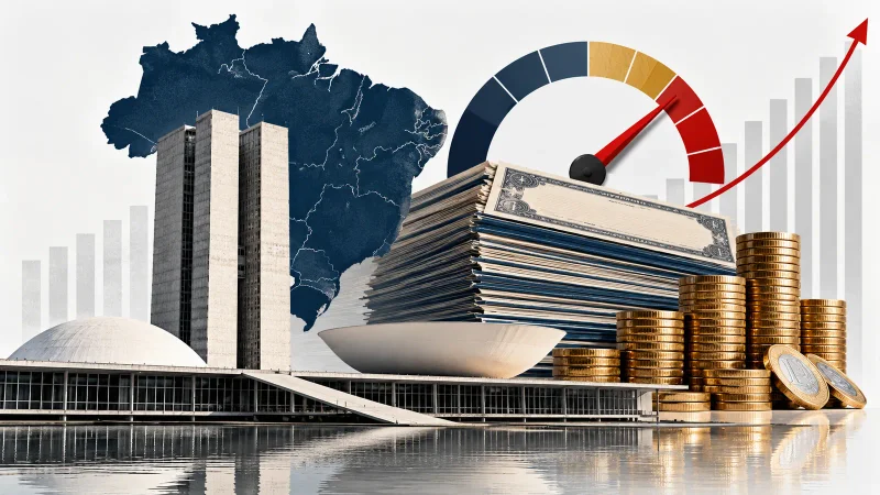 Colagem minimalista com Congresso, mapa do Brasil, títulos públicos, moedas e medidor de dívida