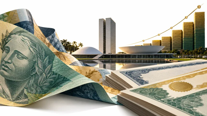 Colagem minimalista com cédulas de real, títulos públicos, Congresso e curva de juros