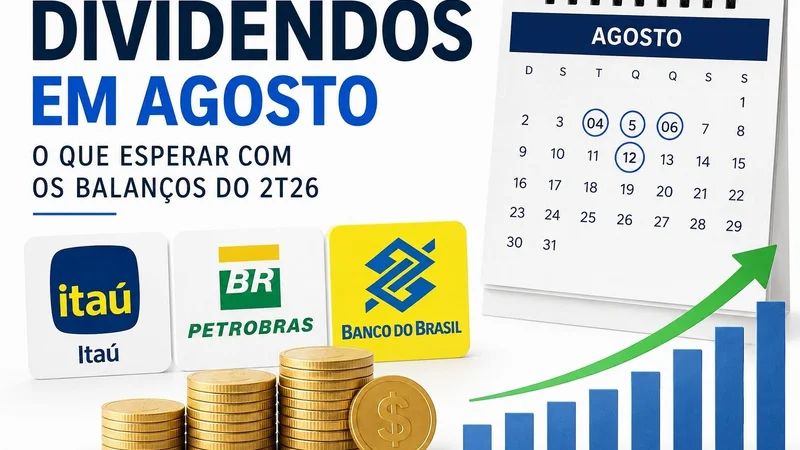 Calendário de agosto, moedas e logos de Itaú, Petrobras e Banco do Brasil representam os dividendos esperados após os balanços do 2T26.