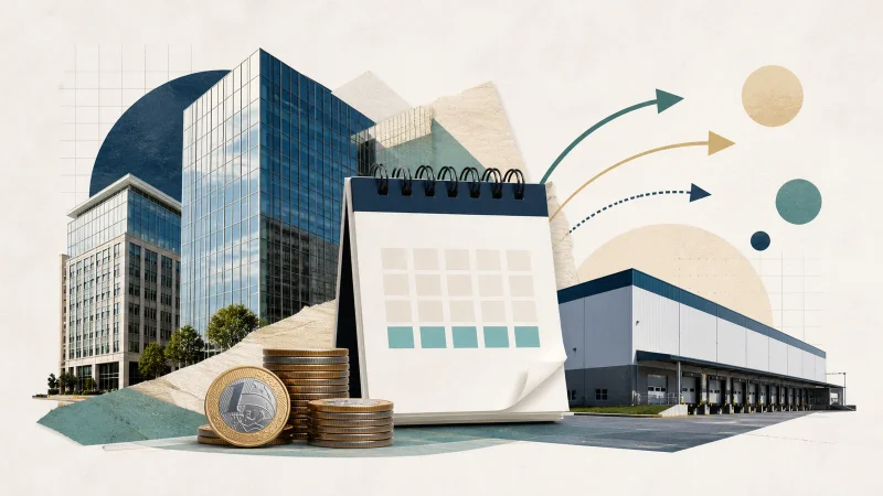 Colagem editorial com prédios, galpão, calendário e moedas representa dividendos de fundos imobiliários
