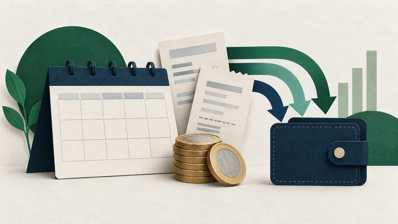 Calendário, documentos, moedas e carteira representam os pagamentos de dividendos e JCP da semana