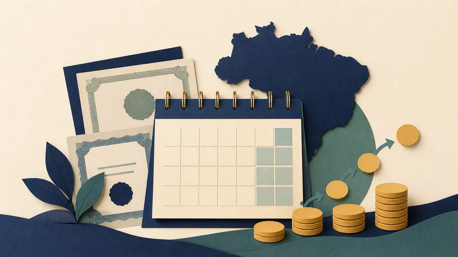 Calendário, certificados de ações e pagamentos de dividendos em colagem editorial