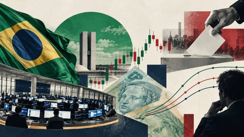 Colagem editorial com bolsa de valores, real, urna, Congresso e gráficos de mercado