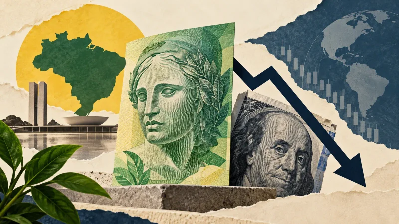 Colagem editorial clean sobre dólar cai abaixo de r$ 5 pela primeira vez em cinco meses