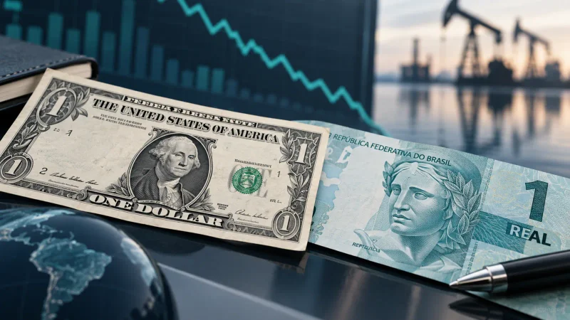 Cédulas de dólar e real diante de linha de queda do mercado de câmbio