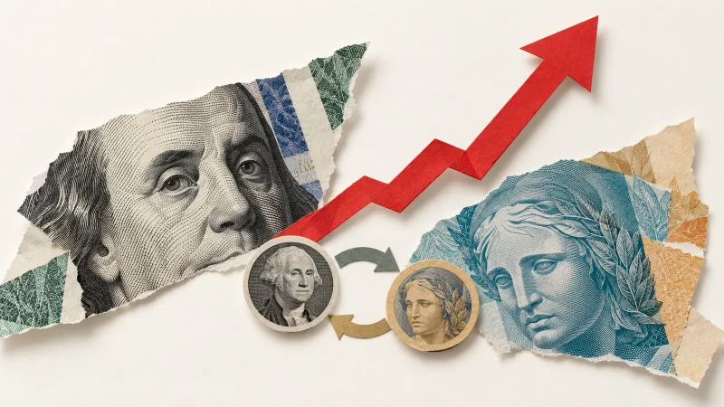 Colagem minimalista com notas de dólar e real e seta vermelha apontando para cima