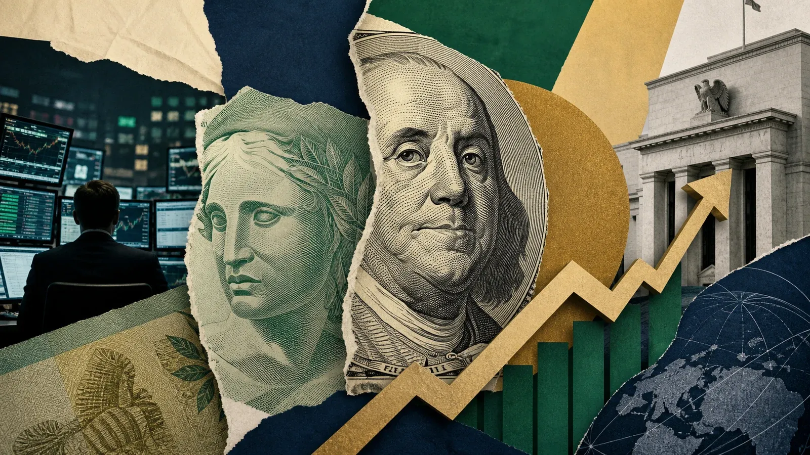 Colagem editorial com dólar, real, gráfico de alta e prédio do Federal Reserve