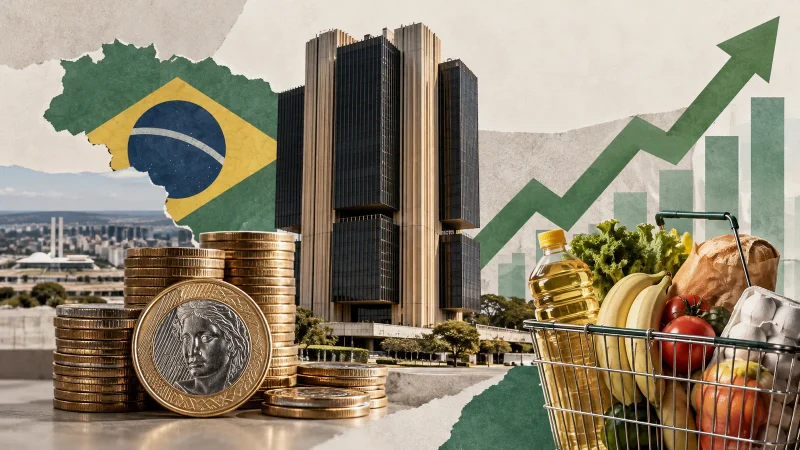 Colagem editorial sobre inflação, juros e atividade no Brasil