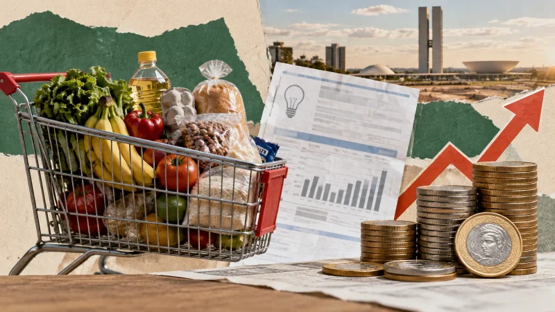 Colagem editorial com carrinho de compras, preços e gráfico de inflação