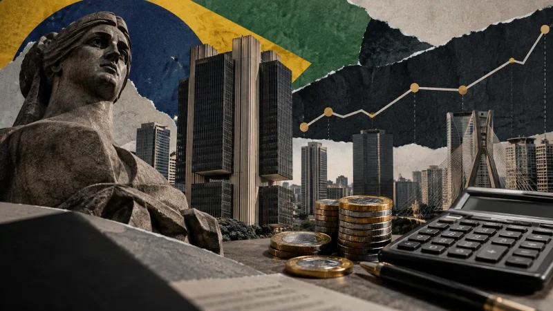 Colagem editorial com sede do Banco Central, gráfico de juros e moeda