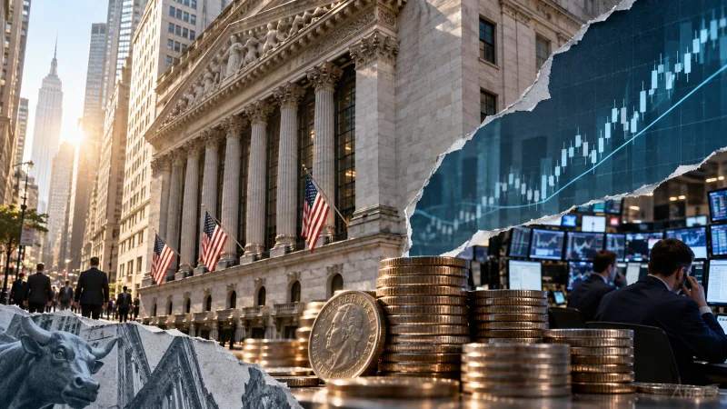Colagem editorial sobre balanço bancário e distrito financeiro de Nova York