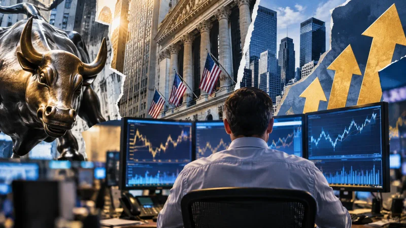 Colagem editorial com operadores, telas e gráficos do mercado acionário