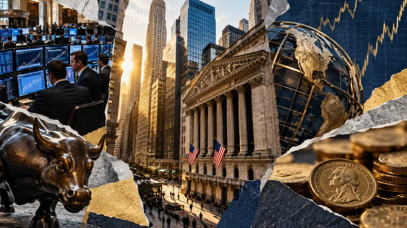 Colagem editorial com banco de investimentos, dividendos e Wall Street