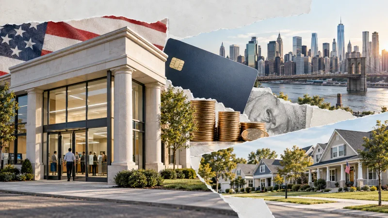 Colagem editorial sobre banco, empréstimos e famílias americanas