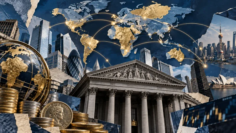 Colagem editorial com prédio bancário, gráficos e pagamentos internacionais
