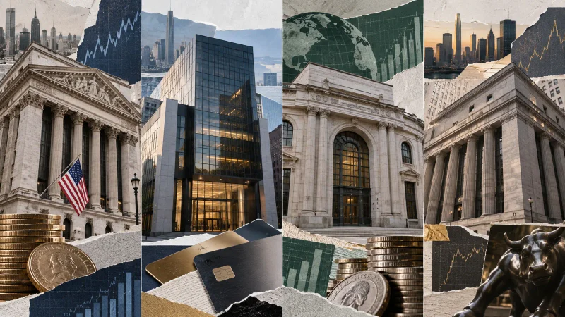 Colagem editorial com quatro edifícios bancários e indicadores de risco