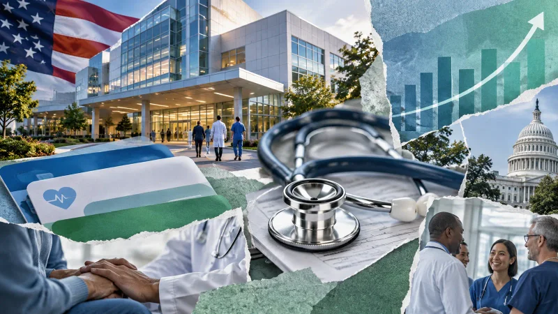 Colagem editorial com hospital, plano de saúde e indicadores financeiros