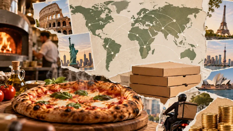 Colagem editorial com pizza, entregador e mapa de expansão global