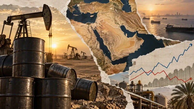 Colagem editorial com poços de petróleo, mapa do Oriente Médio e gráfico de oferta