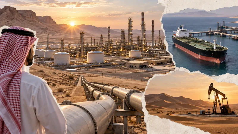 Colagem editorial com deserto saudita, bombas de petróleo e navio-tanque