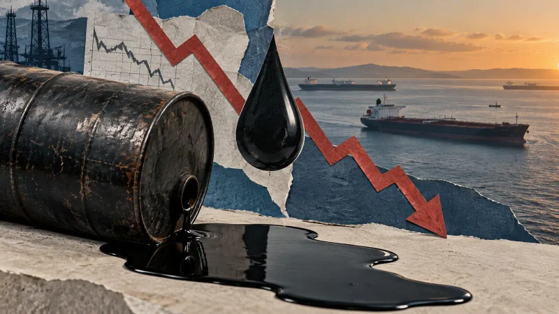 Colagem editorial com barris, gráfico em queda e navios no Oriente Médio