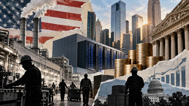 Colagem editorial com trabalhadores, robôs, lucros e skyline americano