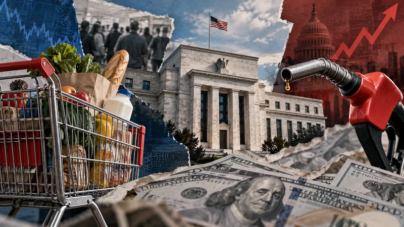 Colagem editorial com dólar, gráfico de inflação e prédio do Federal Reserve
