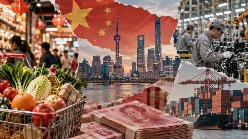 Colagem editorial com cidade chinesa, siderurgia, minério e gráficos de preços
