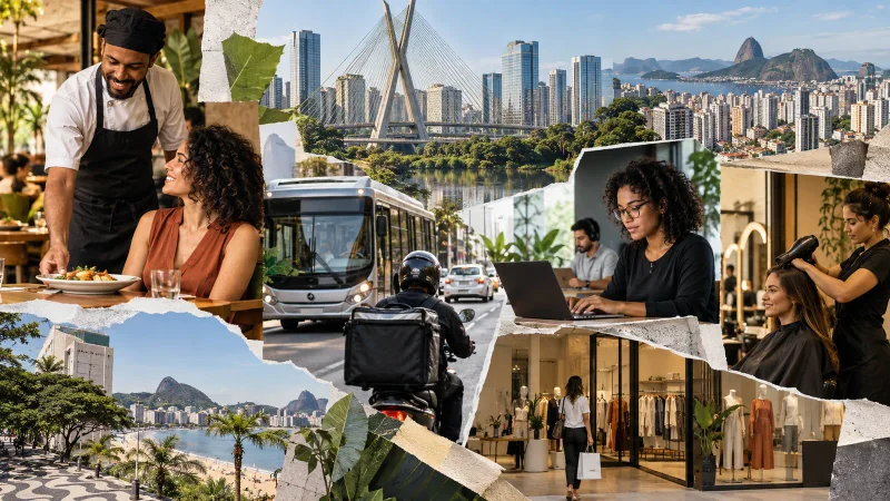 Colagem editorial com restaurantes, transporte, tecnologia e gráfico de serviços