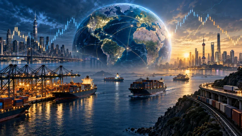 Colagem editorial sobre crescimento, comércio e economia mundial